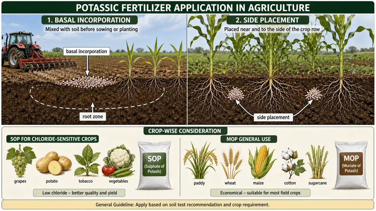 Potassic fertilizer application showing basal incorporation, side placement, and source choice for chloride-sensitive crops