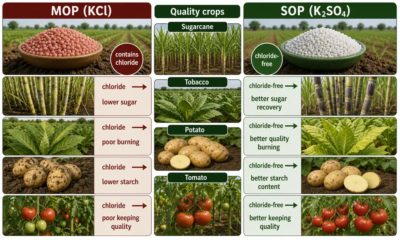 Comparison of MOP and SOP for chloride-sensitive crops showing poorer quality with chloride from MOP and better quality with chloride-free SOP in sugarcane, tobacco, potato, and tomato