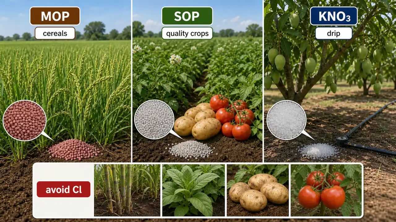 MOP, SOP, and potassium nitrate compared by cereal use, chloride-sensitive quality crops, and drip irrigation orchard use