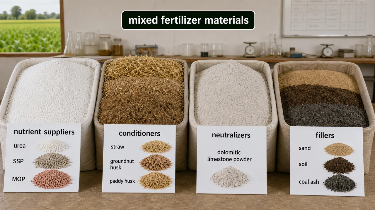 Materials used in mixed fertilizer manufacturing showing nutrient suppliers, conditioners, neutralizers, and fillers