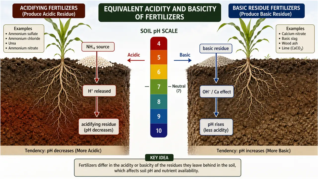 Equivalent acidity and basicity in fertilizers showing acidifying ammonium sources and basic residue effects on soil pH