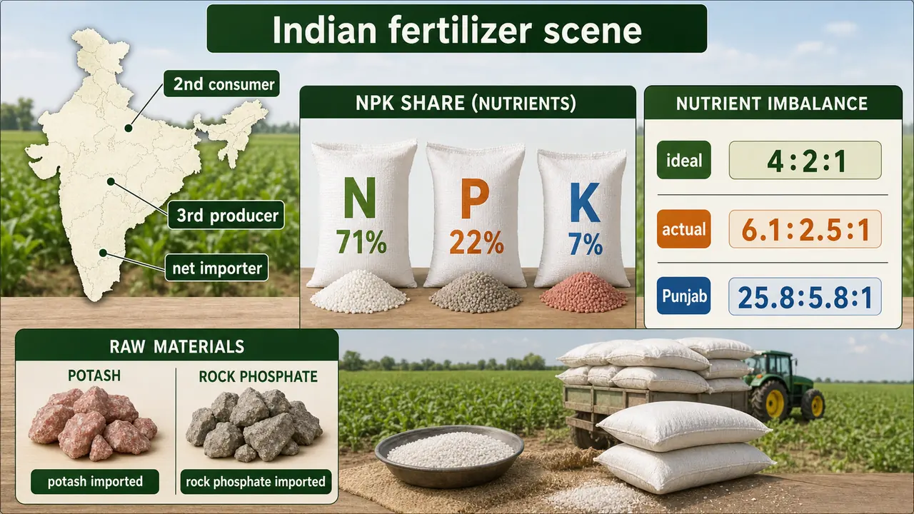 Indian fertilizer scene showing global rank, NPK consumption shares, import dependence, and nutrient imbalance ratios