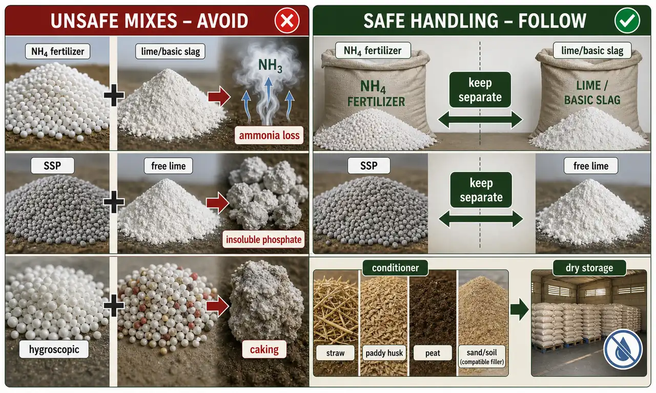 Unsafe fertilizer mixes showing ammonium fertilizer with lime, SSP with free lime, and hygroscopic fertilizers caking, alongside safe handling by keeping incompatible materials separate and using conditioners with dry storage