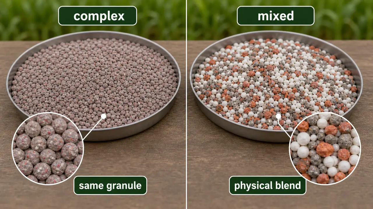 Complex fertilizer and mixed fertilizer compared with same-composition granules versus a physical blend of different granules