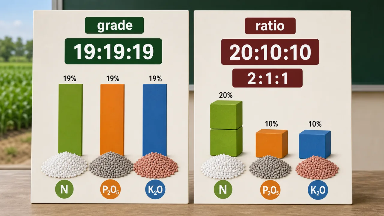 Fertilizer grade and fertilizer ratio comparison showing 19:19:19 grade and 20:10:10 simplified to 2:1:1