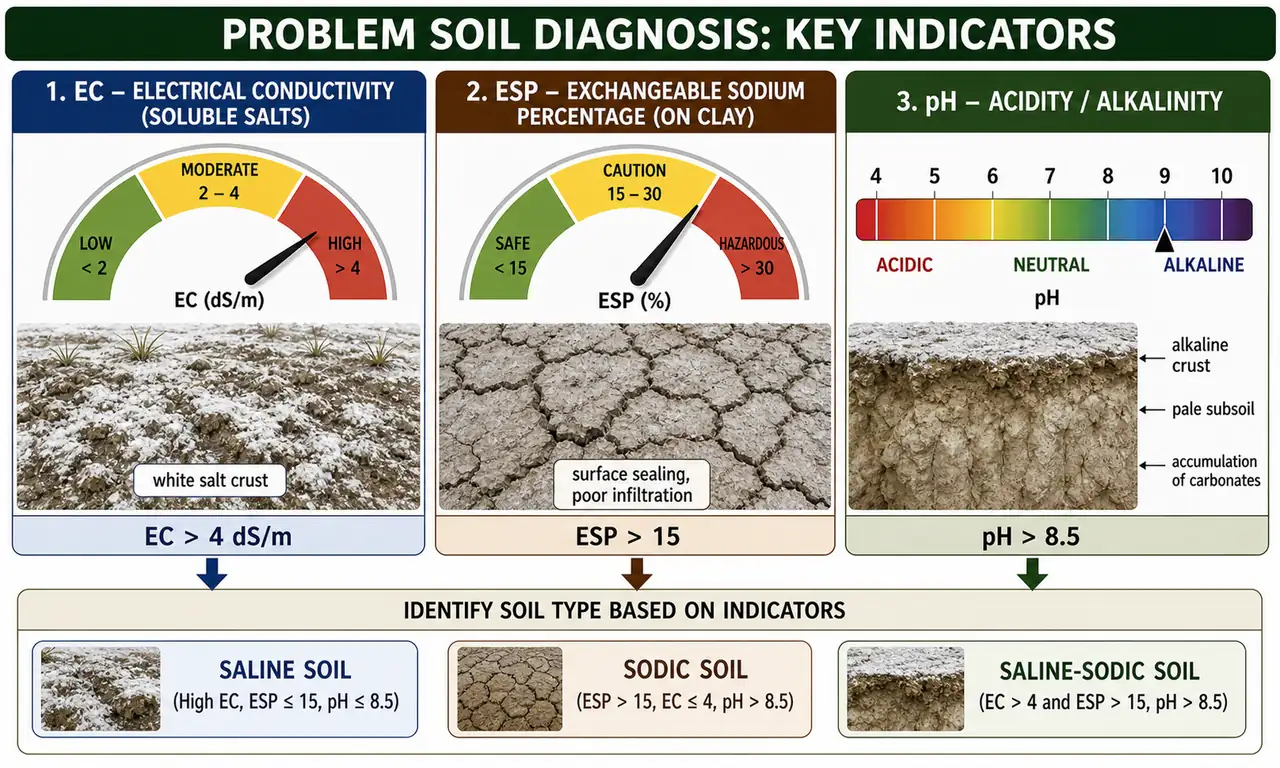 Diagnostic parameters for problem soils showing EC for soluble salts, ESP for exchangeable sodium, and pH thresholds linked to saline, sodic, and saline-sodic soils