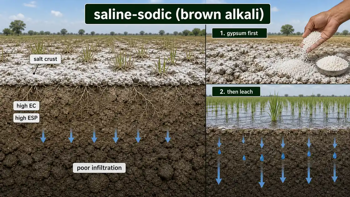 Saline-sodic soil showing salt crust, high EC, high ESP, poor infiltration, and the gypsum-first then leach reclamation sequence