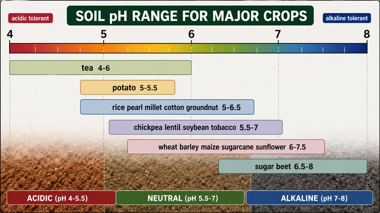 Soil pH range for major crops showing tea, potato, rice group, chickpea group, wheat group, and sugar beet across pH 4 to 8