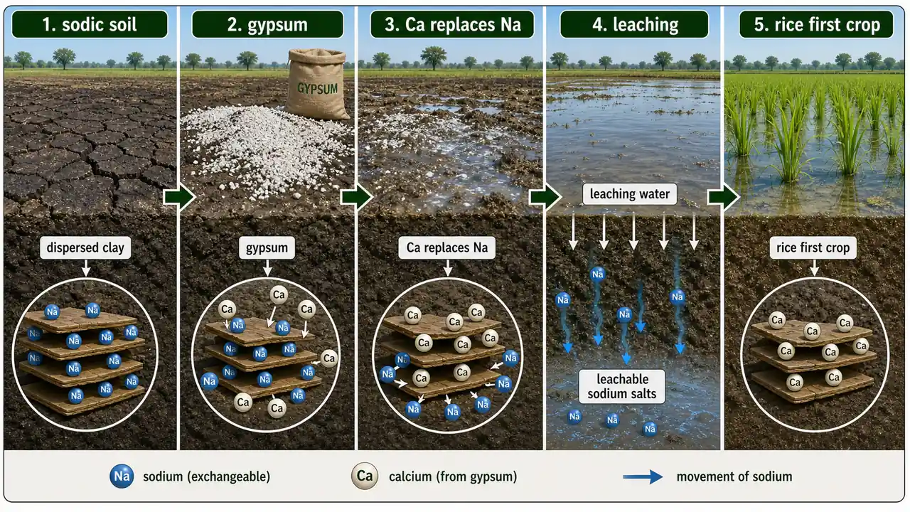 Sodic soil reclamation sequence showing dispersed clay, gypsum application, calcium replacing sodium, leaching of sodium salts, and rice as the first reclamation crop
