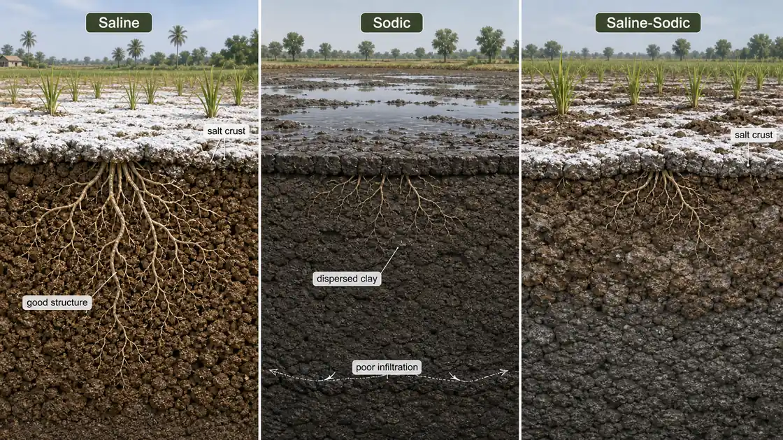 Profile comparison of saline, sodic, and saline-sodic soils with visible field features