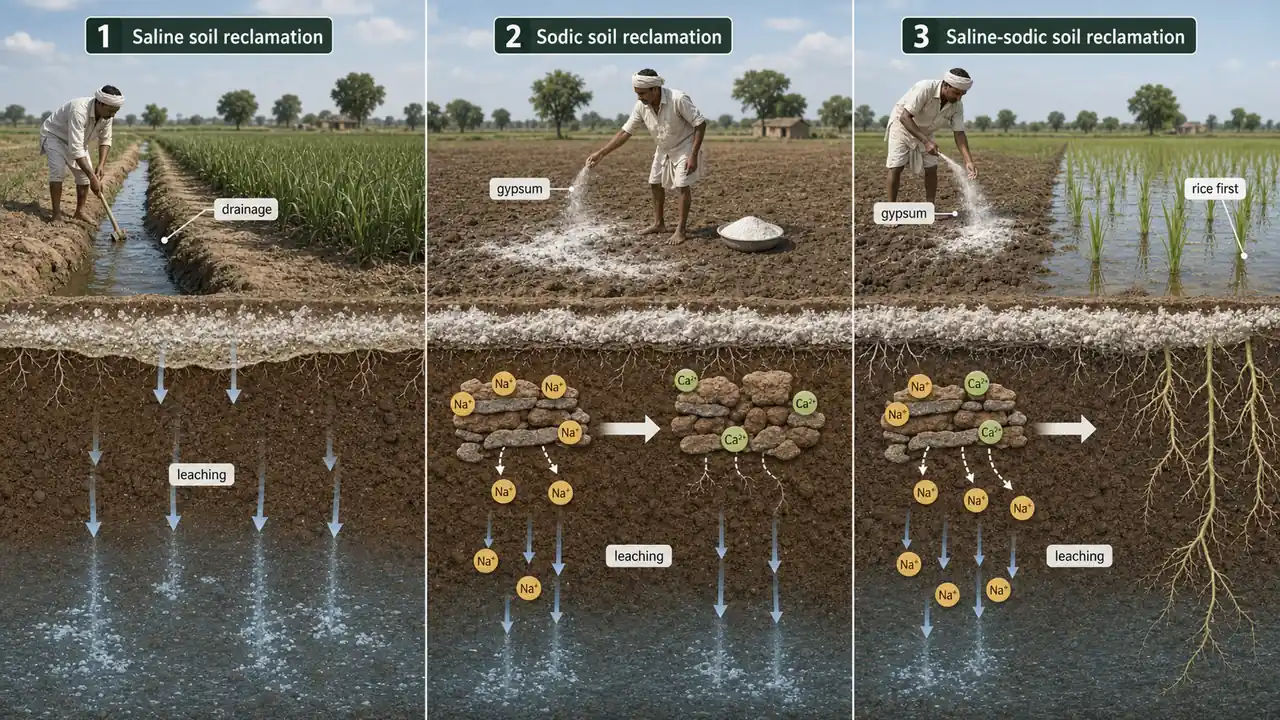 Reclamation pathways for saline and sodic soils using drainage, leaching, amendments, and crop choice