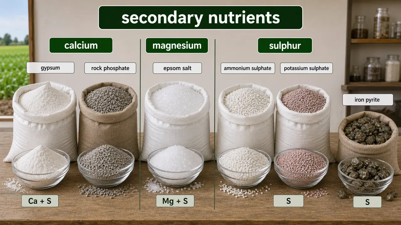 Secondary nutrient fertilizer sources showing calcium, magnesium, and sulphur sources such as gypsum, epsom salt, ammonium sulphate, potassium sulphate, and iron pyrite