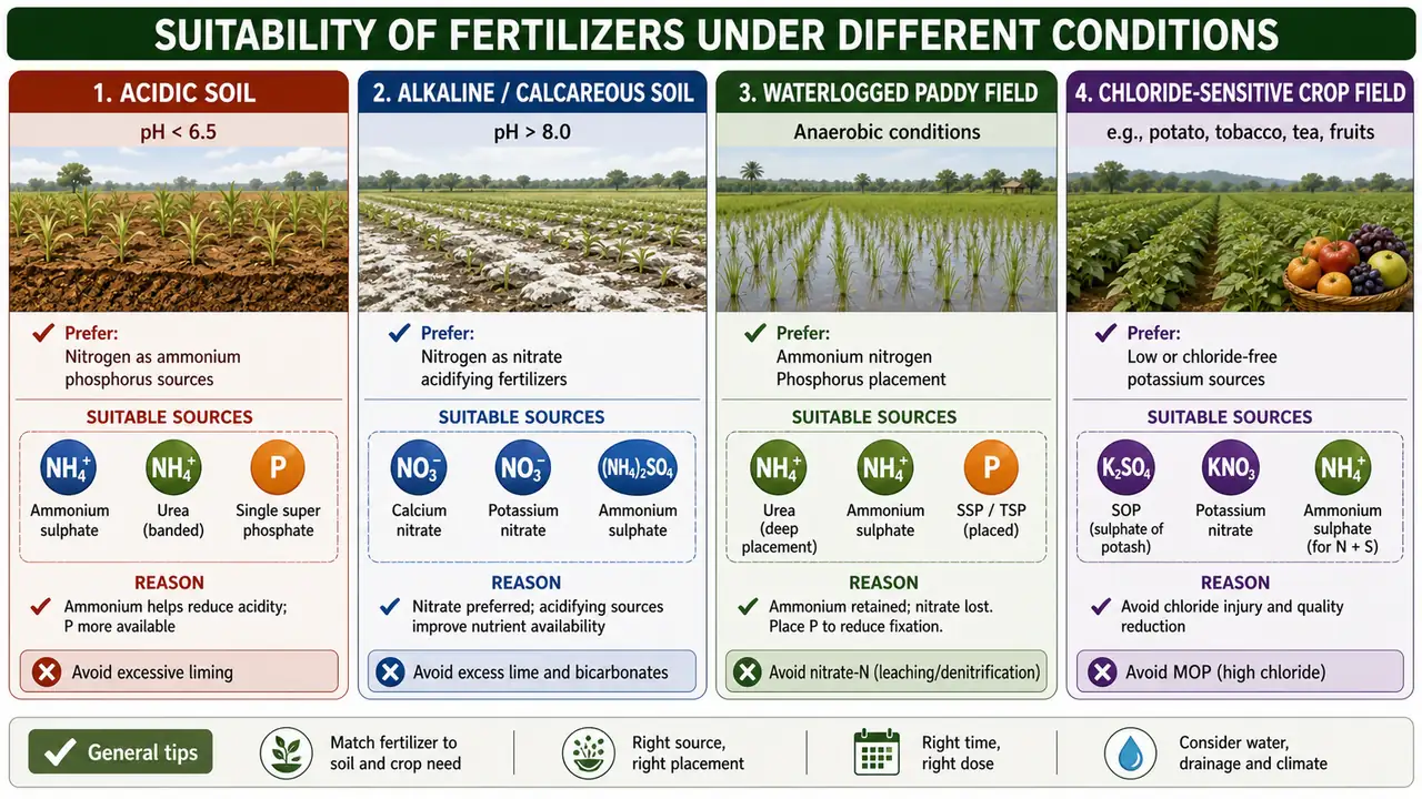 Fertilizer suitability under acidic, alkaline, waterlogged, and chloride-sensitive crop conditions in soil science