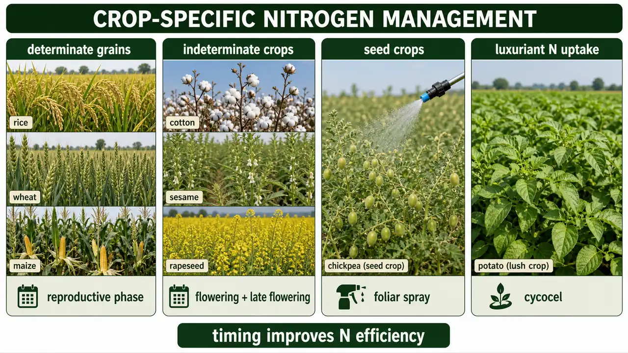 Crop-specific nitrogen management showing reproductive-phase nitrogen in determinate grains, flowering-stage nitrogen in indeterminate crops, foliar nitrogen for seed crops, and cycocel use in luxuriant nitrogen uptake crops