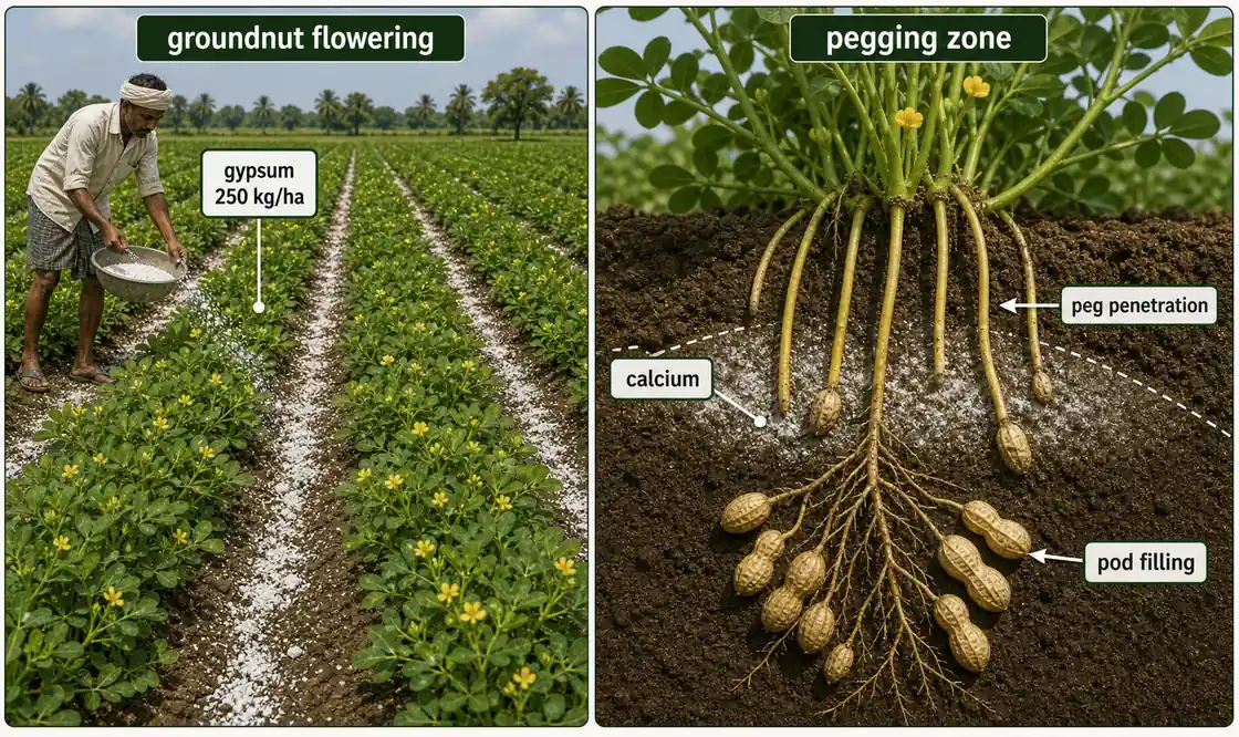 Groundnut crop at flowering with gypsum applied to the pegging zone, showing calcium helping peg penetration and pod filling