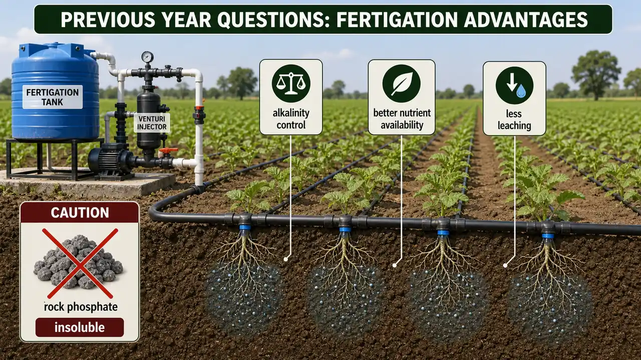 Fertigation advantages showing alkalinity control, better nutrient availability, less leaching, and the caution that rock phosphate is insoluble