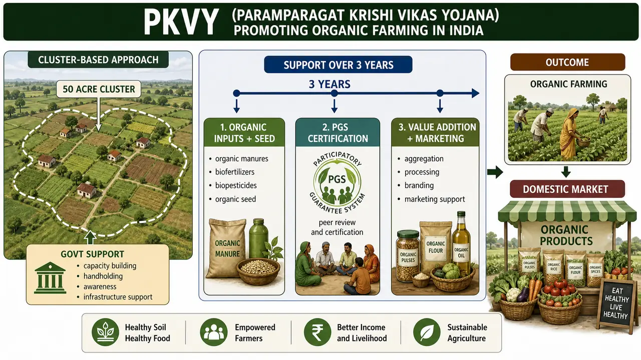 PKVY workflow showing 50 acre organic farming cluster, three year support, PGS certification, and domestic market linkage