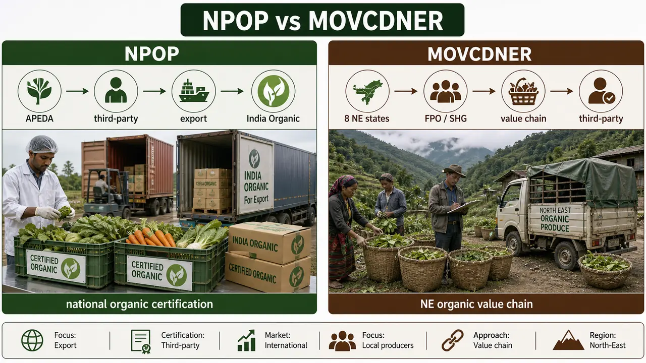 NPOP and MOVCDNER compared by APEDA export certification, third-party certification, North-East focus, and value chain model