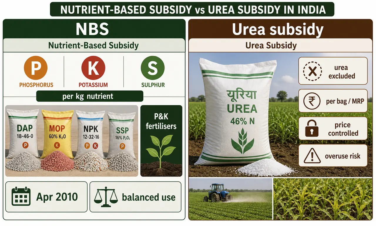 Nutrient based subsidy compared with urea subsidy in India, showing P and K fertilisers under per nutrient subsidy and urea under controlled bag pricing