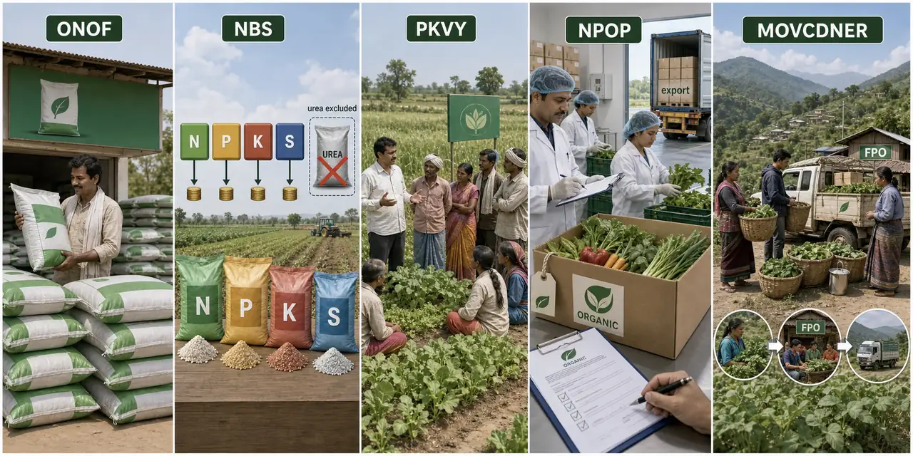 Major soil and fertilizer policy schemes including SHC, ONOF, NBS, PKVY, and related programme links