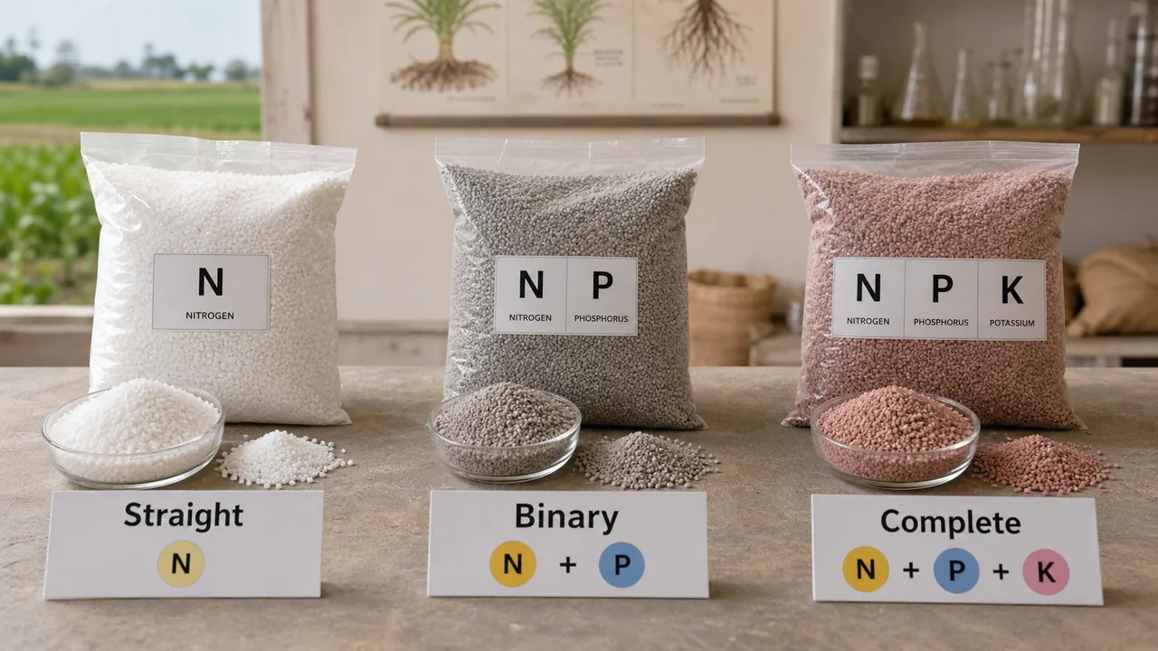 Straight, binary, and complete fertilizers shown as different bag and granule groups for field use