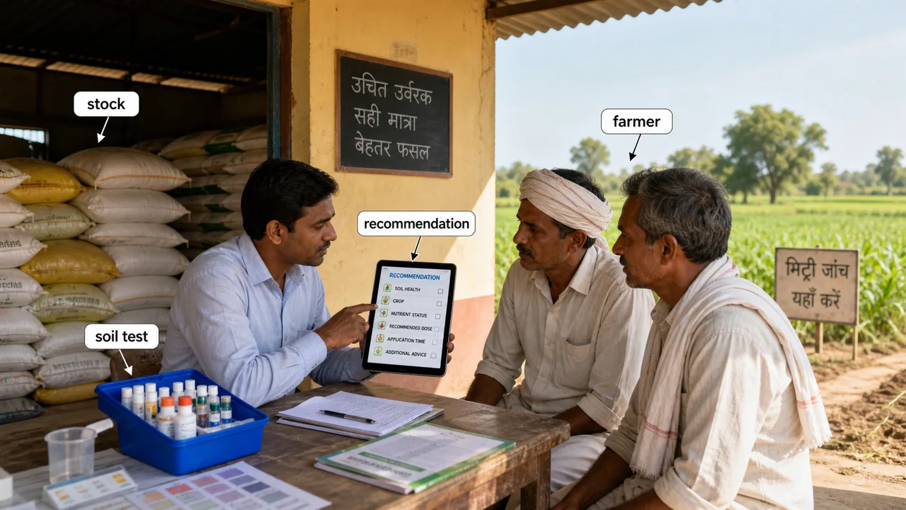 Subsidized fertilizer stocks alongside field-level advisory and a policy symbol
