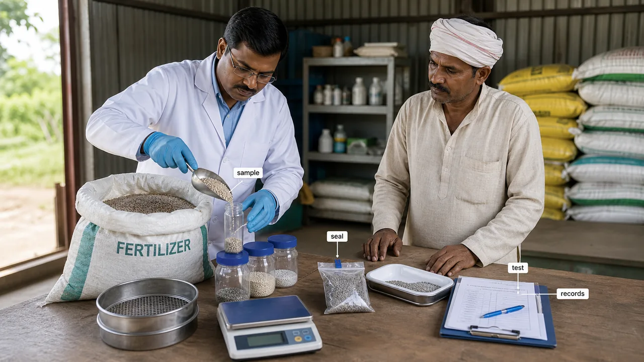 Inspector checking fertilizer granules and sample jars while a farmer observes in a storage shed