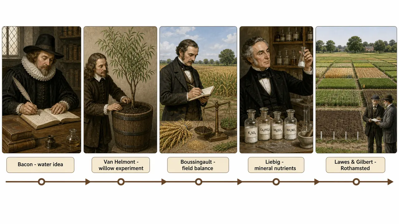 Timeline of soil fertility science from early water theories to Liebig's mineral nutrient concept and Rothamsted field experiments