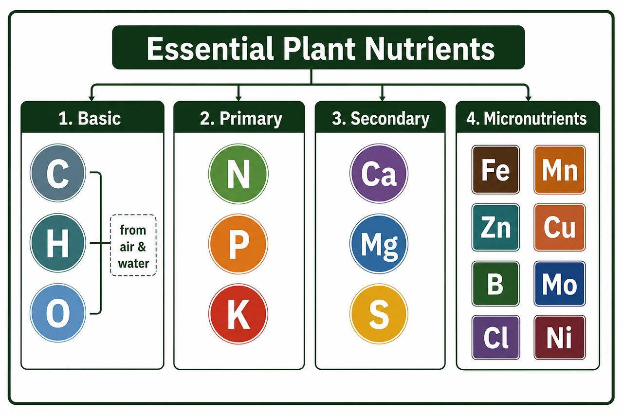 Classification of essential plant nutrients into basic elements, primary nutrients, secondary nutrients, and micronutrients