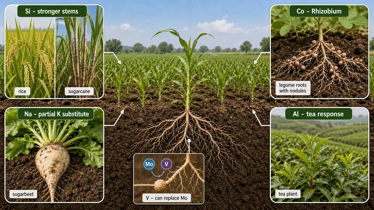 Beneficial elements in crops showing silicon in rice and sugarcane, cobalt in legumes, sodium in sugarbeet, and aluminium response in tea