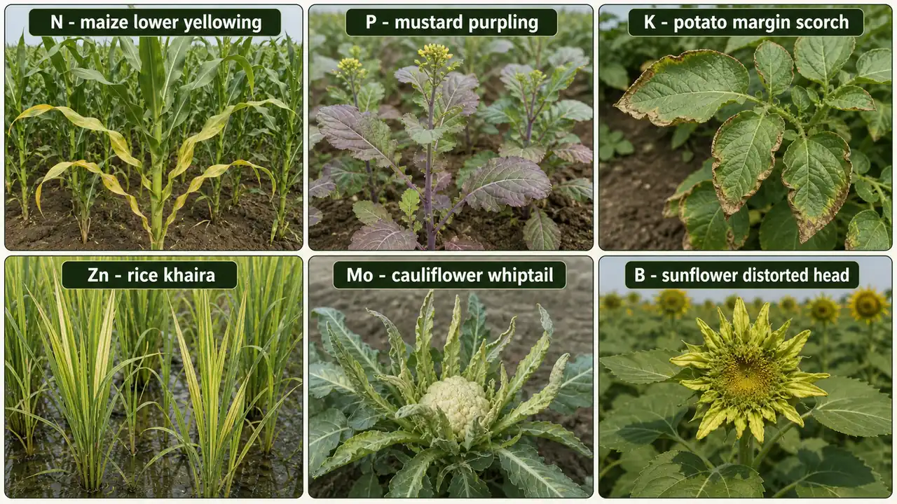 Indicator crop examples showing maize yellowing for nitrogen, mustard purpling for phosphorus, potato scorch for potassium, rice khaira for zinc, cauliflower whiptail for molybdenum, and sunflower distortion for boron