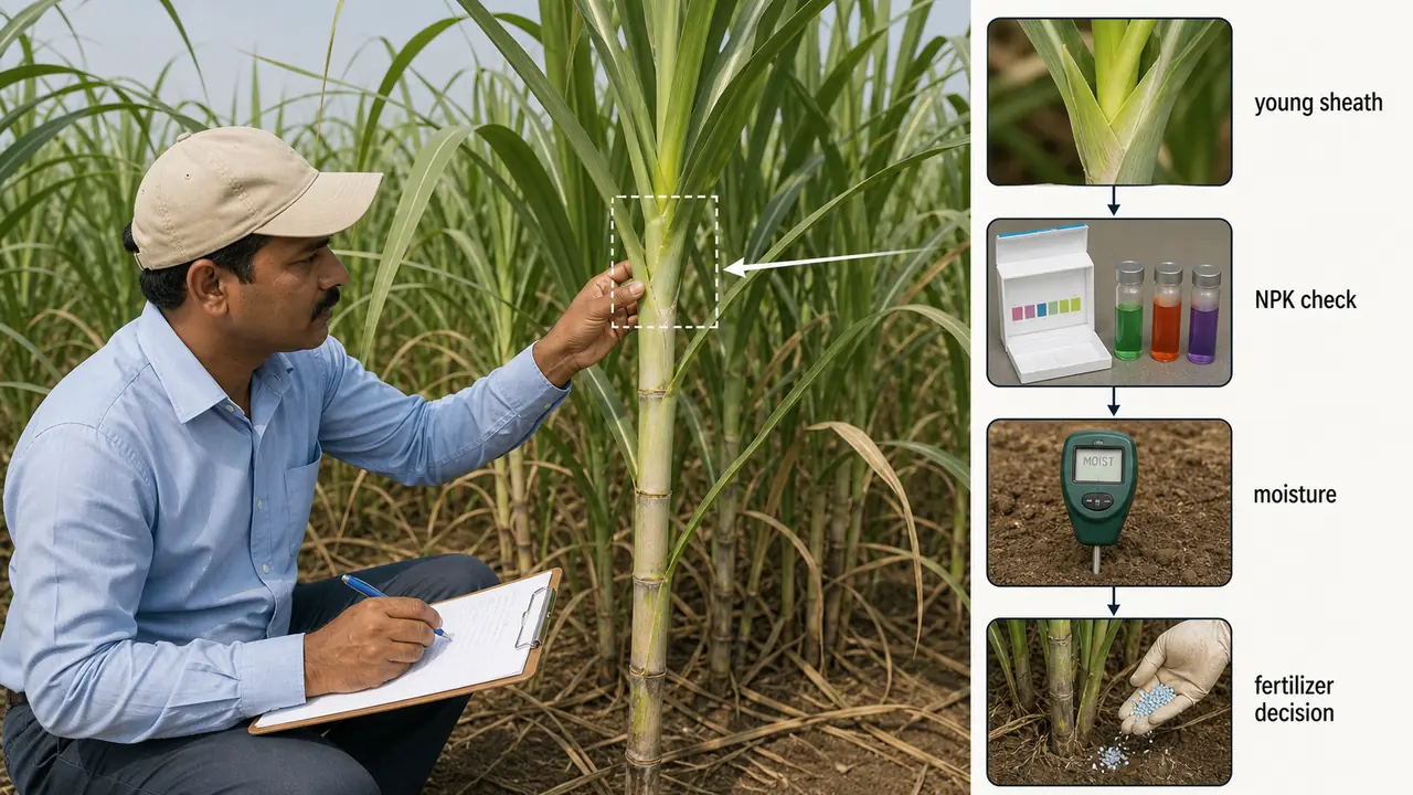 Crop logging in sugarcane showing young sheath sampling, nutrient checks, moisture monitoring, and fertilizer decisions
