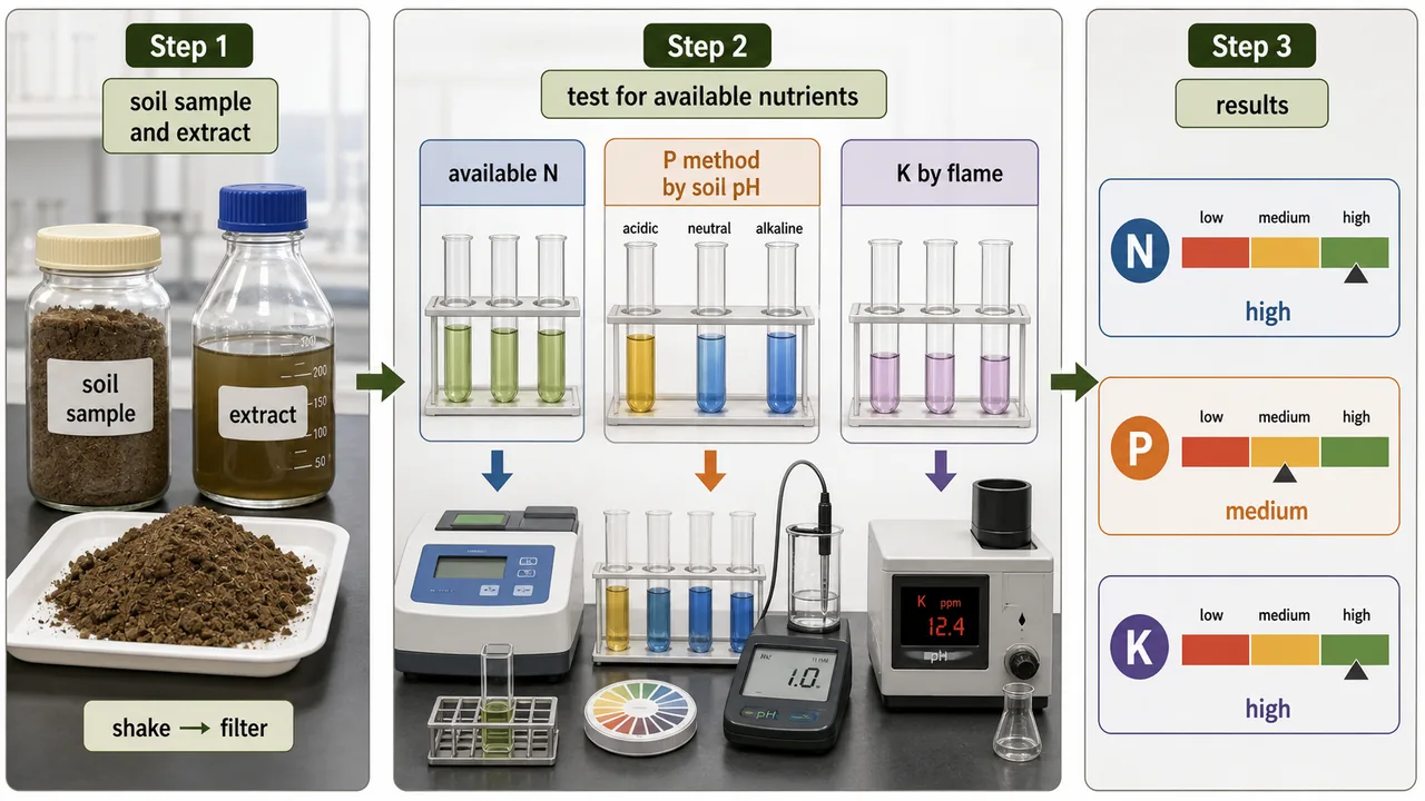 Available nutrient analysis workflow showing soil extraction, nutrient testing for nitrogen phosphorus and potassium, and low medium high interpretation