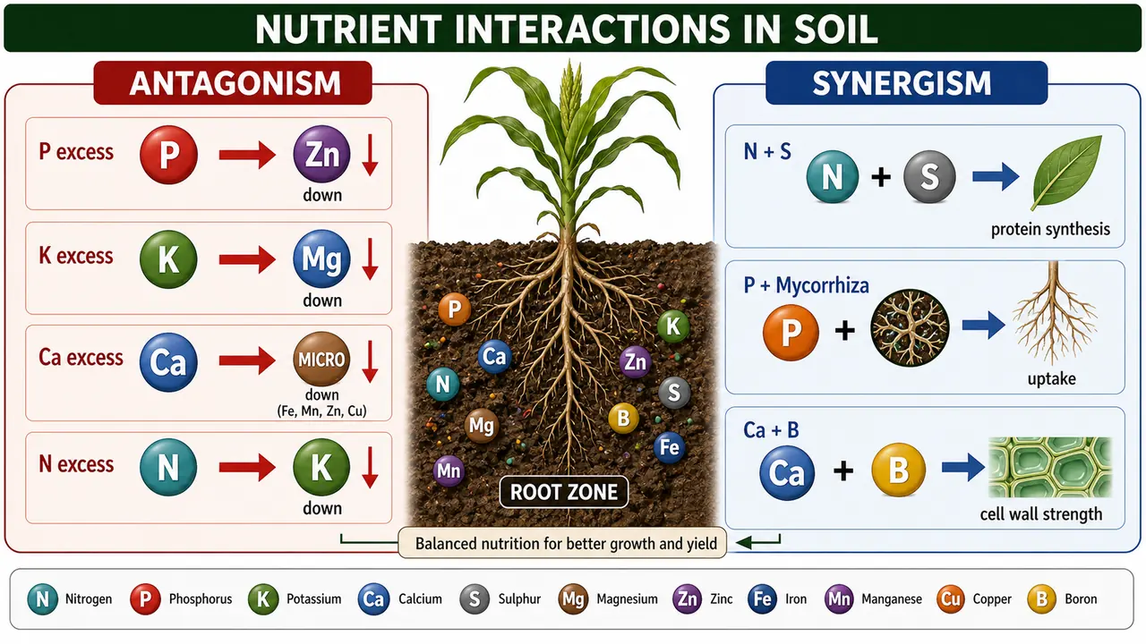 Nutrient interactions in soil showing antagonism such as phosphorus reducing zinc uptake and synergism such as nitrogen plus sulphur improving protein synthesis