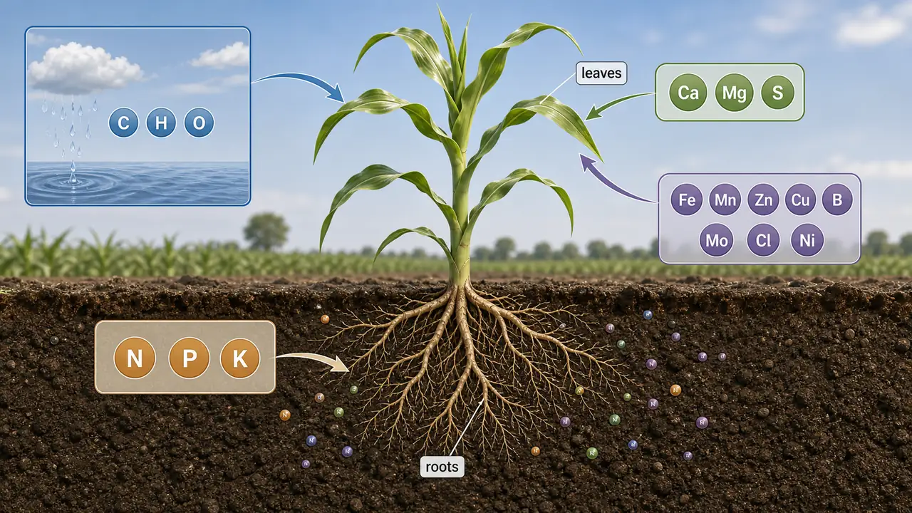 Classification of essential plant nutrients into basic, primary, secondary, and micronutrient groups