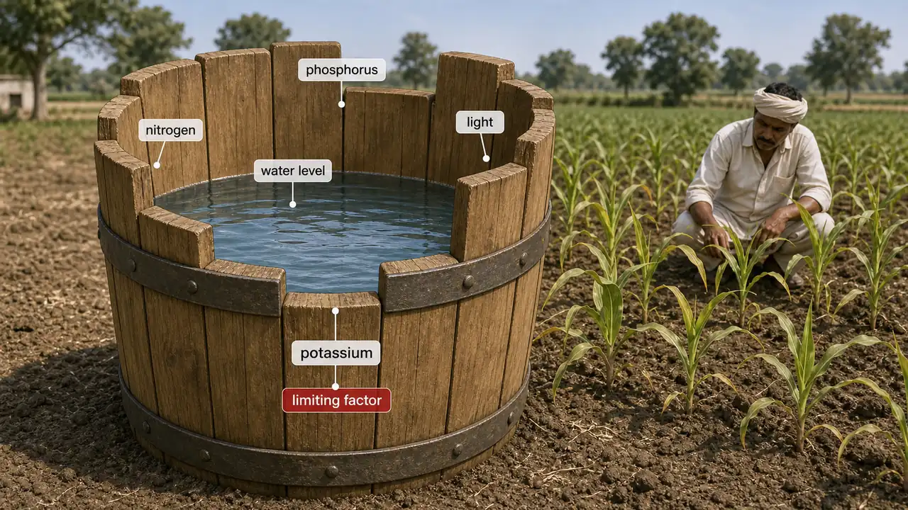 Liebig law of the minimum showing the limiting factor concept in plant nutrition
