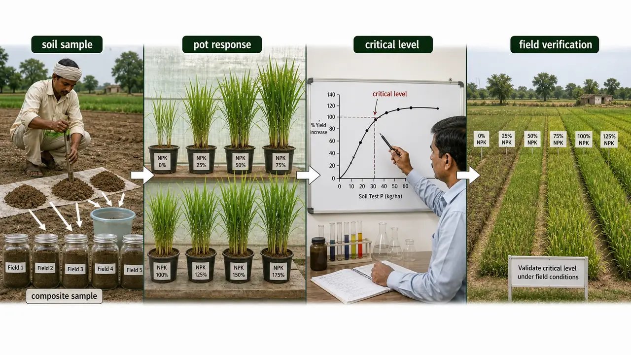 Soil testing correlation workflow showing composite soil samples, pot response studies, critical level interpretation, and field verification