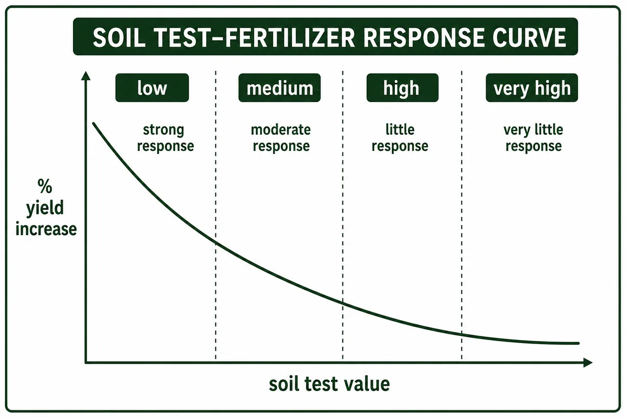 Soil test value versus percent yield increase curve showing low, medium, high, and very high fertility zones with declining fertilizer response