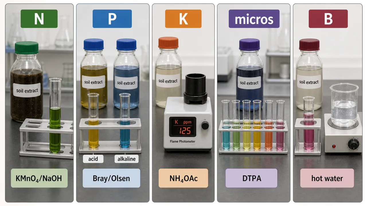 Soil testing extractants grouped by nutrient with nitrogen phosphorus potassium micronutrient and boron testing lanes