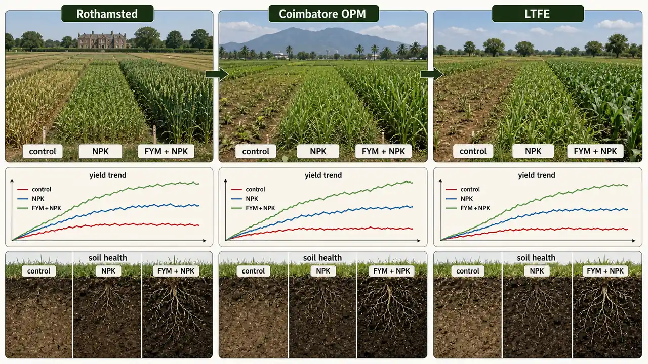 Permanent manurial experiments comparing control NPK and FYM plus NPK strips at Rothamsted Coimbatore OPM and LTFE sites