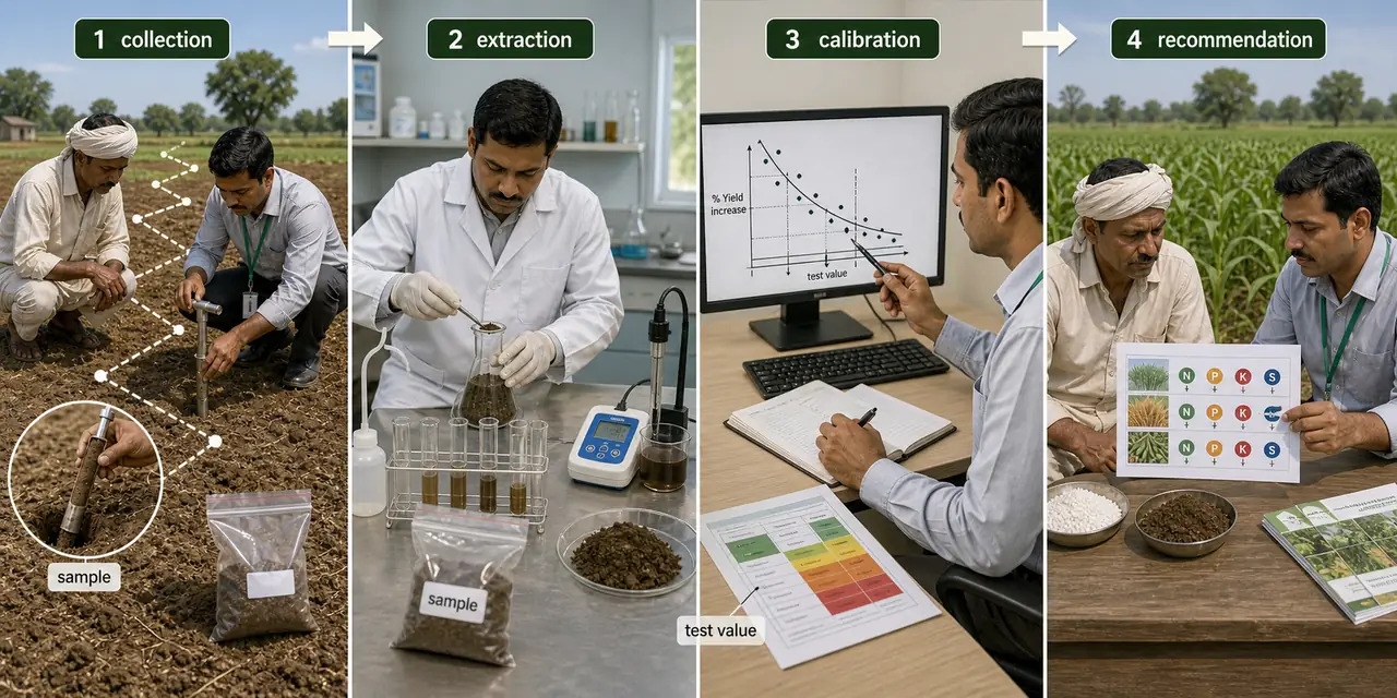 Four phases of soil testing from sampling and extraction to calibration and fertilizer recommendation
