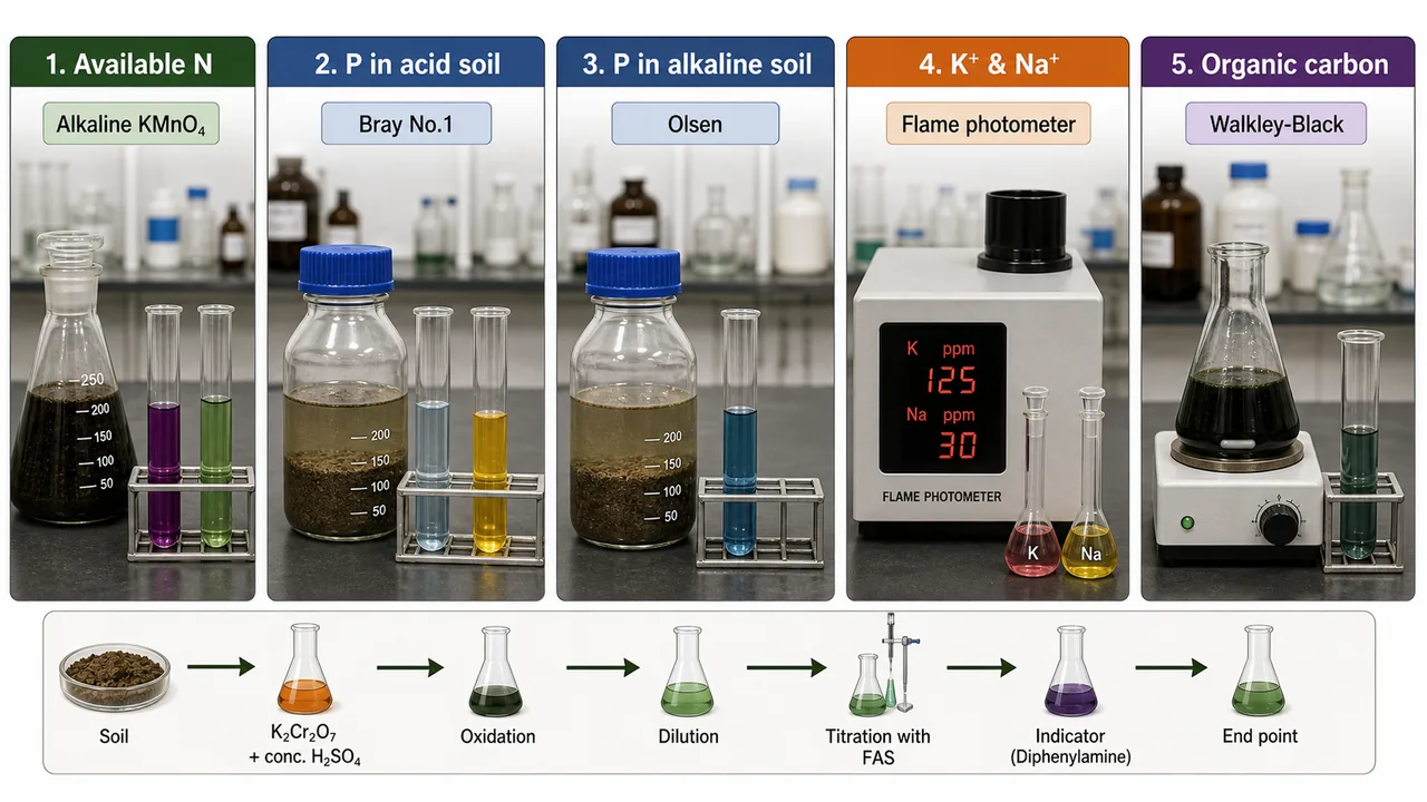 Standard soil testing methods showing alkaline permanganate for available nitrogen, Bray and Olsen methods for phosphorus, flame photometer for potassium and sodium, and Walkley Black for organic carbon