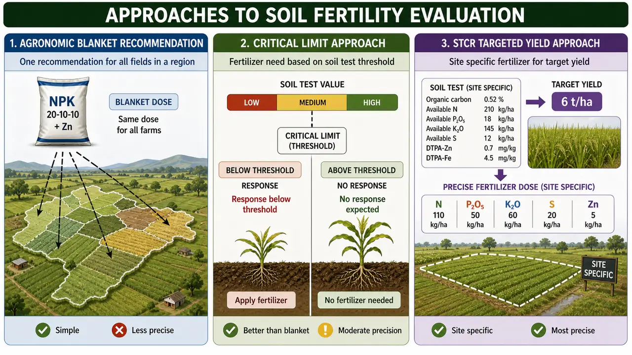 Approaches to fertility evaluation comparing blanket recommendation, critical limit approach, and STCR targeted yield method