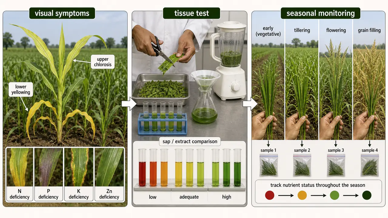 Plant analysis workflow showing visual deficiency symptoms, tissue sap testing, and seasonal monitoring across growth stages