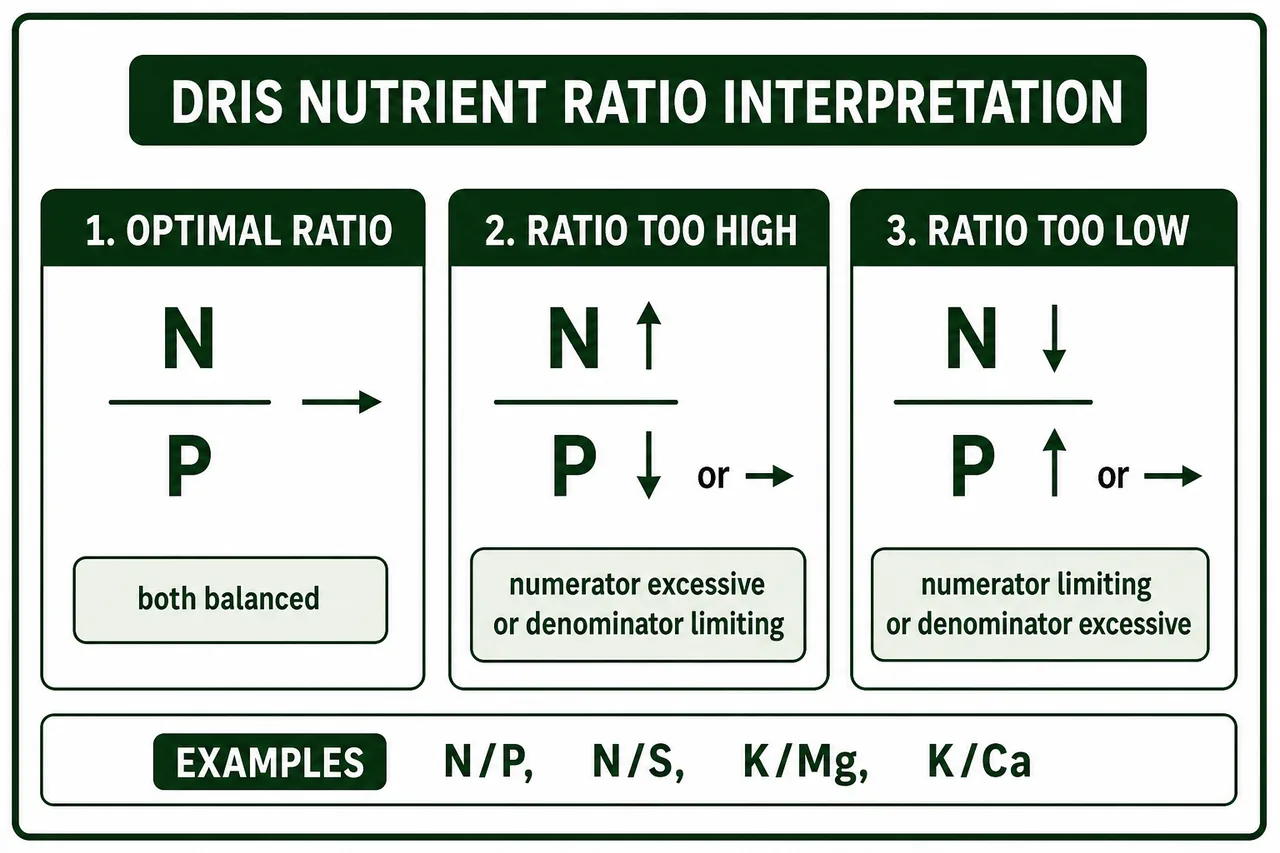 DRIS nutrient ratio interpretation showing optimal ratio, ratio too high, and ratio too low for numerator and denominator balance