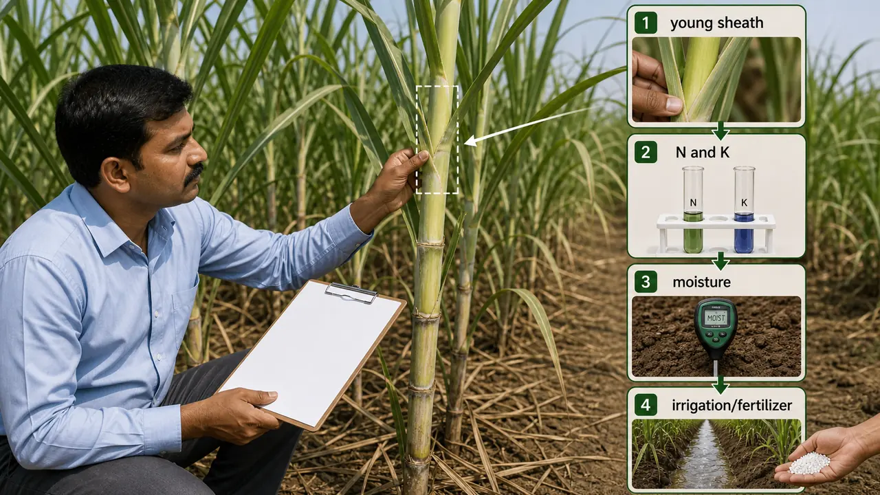 Crop logging in sugarcane showing young sheath sampling, nitrogen and potassium checks, moisture monitoring, and irrigation or fertilizer decisions