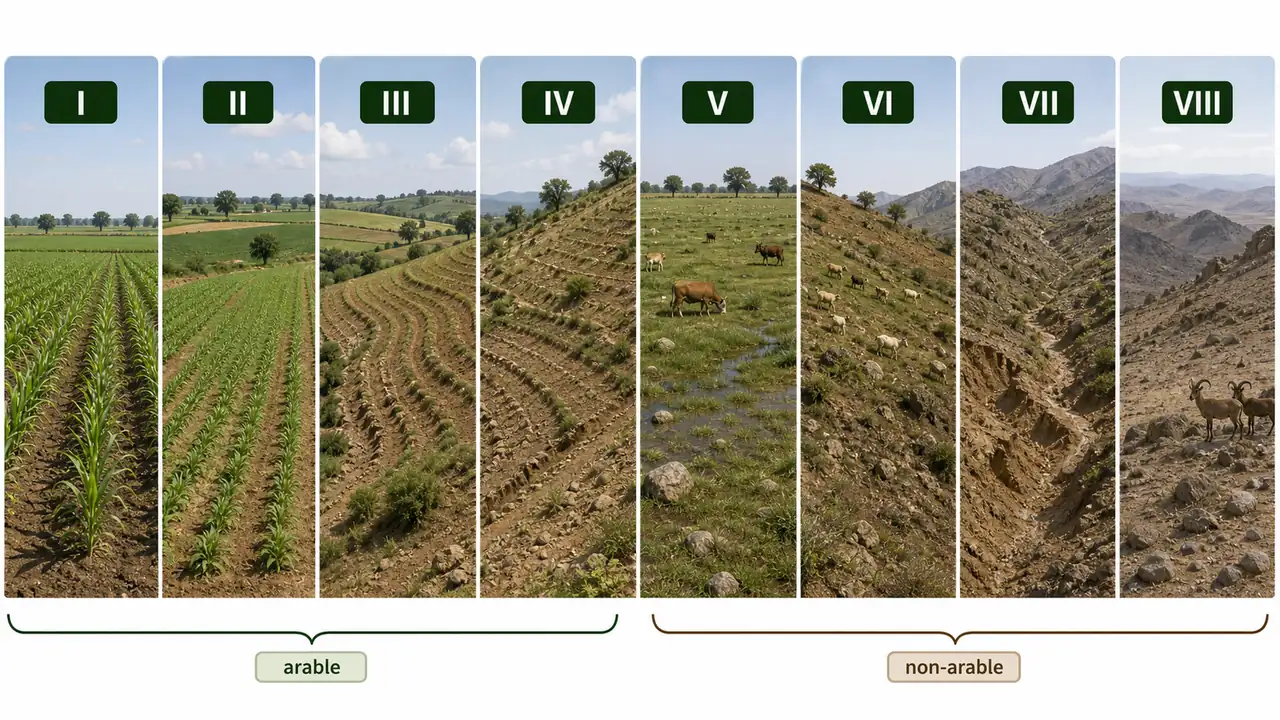 Land capability classification progression from class one to class eight showing arable land in classes one to four and non-arable land in classes five to eight
