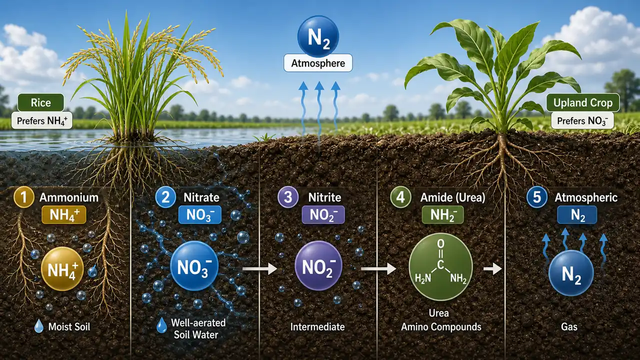 Forms of soil nitrogen showing ammonium, nitrate, nitrite, amide nitrogen, and atmospheric nitrogen with crop preference