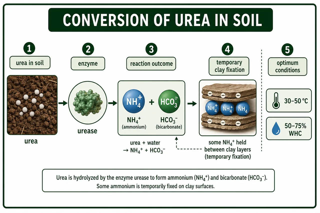 Conversion of urea in soil showing urease hydrolysis to ammonium and bicarbonate with temporary ammonium fixation in clay layers