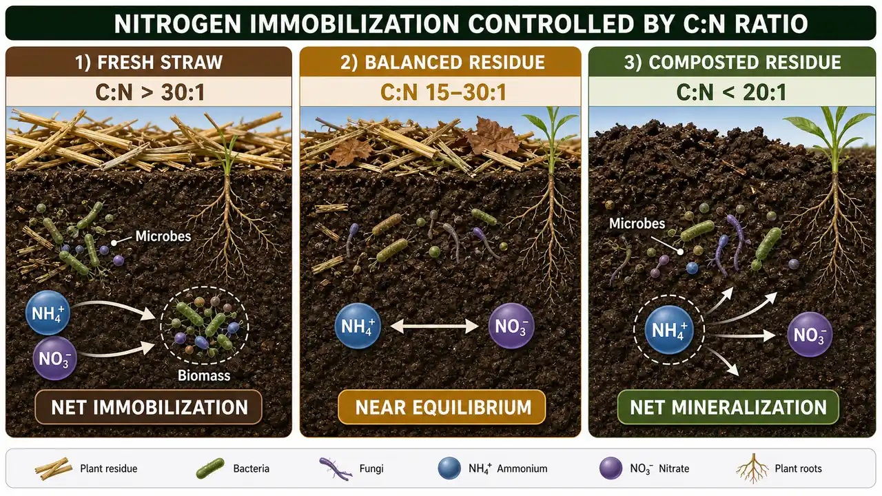 Nitrogen immobilization controlled by carbon to nitrogen ratio in fresh straw, balanced residue, and composted residue